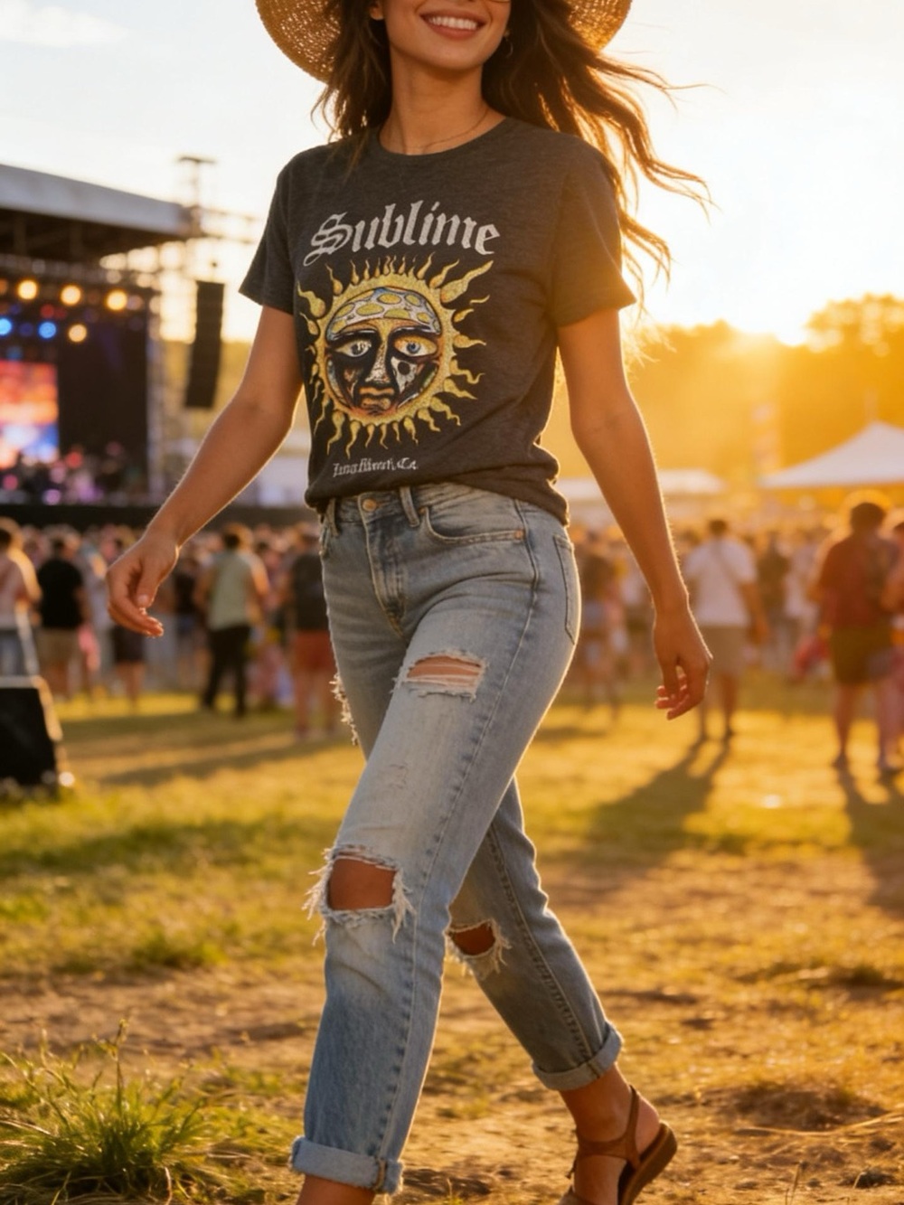Sublime Sun Logo Band Tee Charcoal Heather Gray Juniors womens Medium